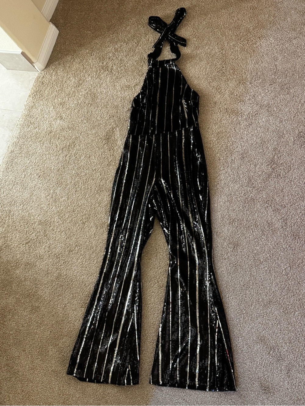 Topshop Black Halter Sequin Jumpsuit with Silver Stripe Accents